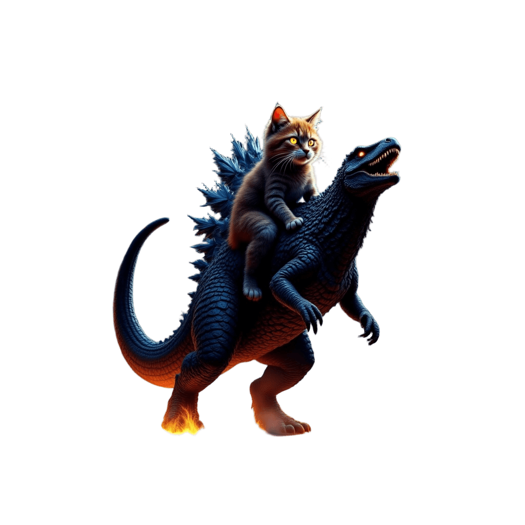 Cat Riding Dinosaur Through City Like Godzilla
