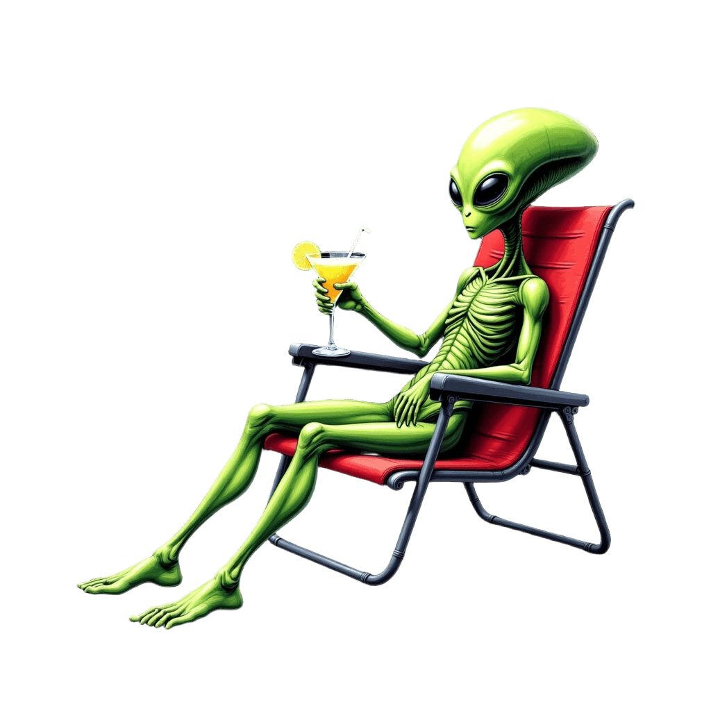 Alien Chilling in Lawn Chair Sipping Margarita