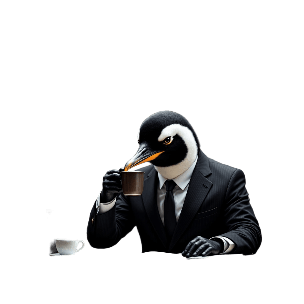 Penguin in Business Suit Drinking Coffee