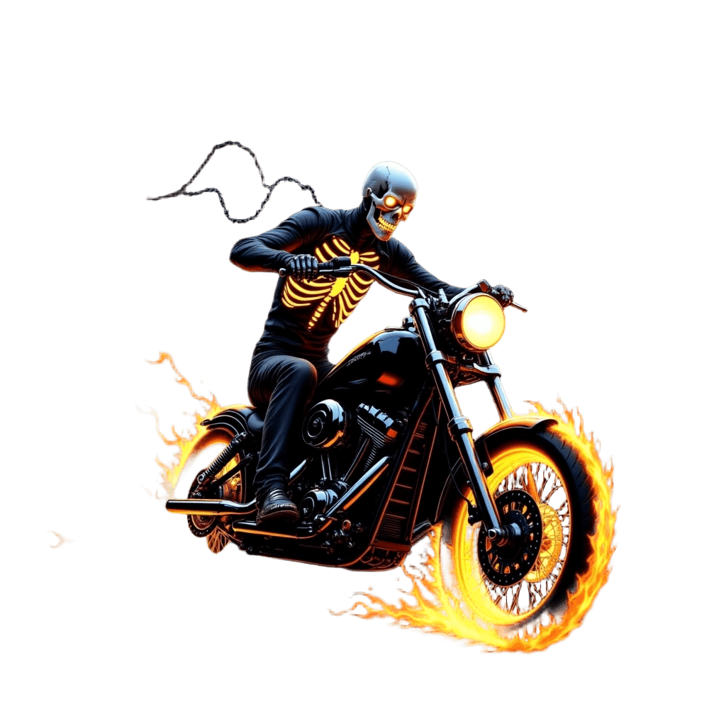 Motorcycle Skeleton Rider with Flames and Chains