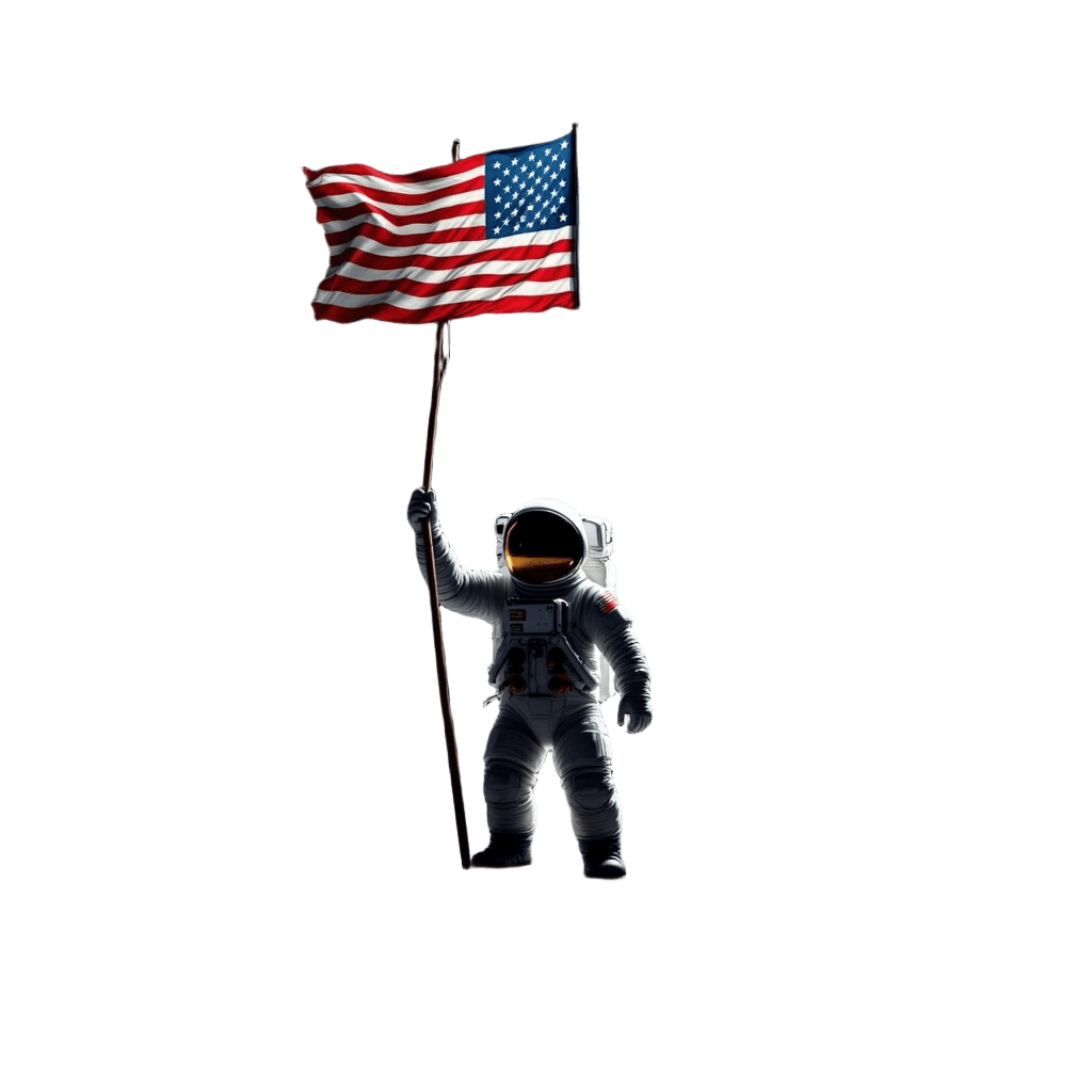 Astronaut planting flag on moon with Earth