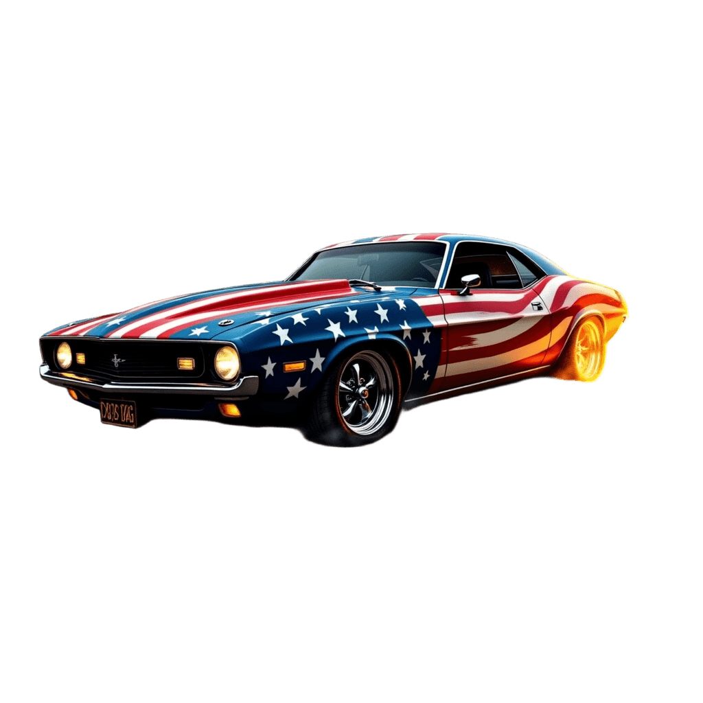 Vintage Muscle Car with American Flag and Flames