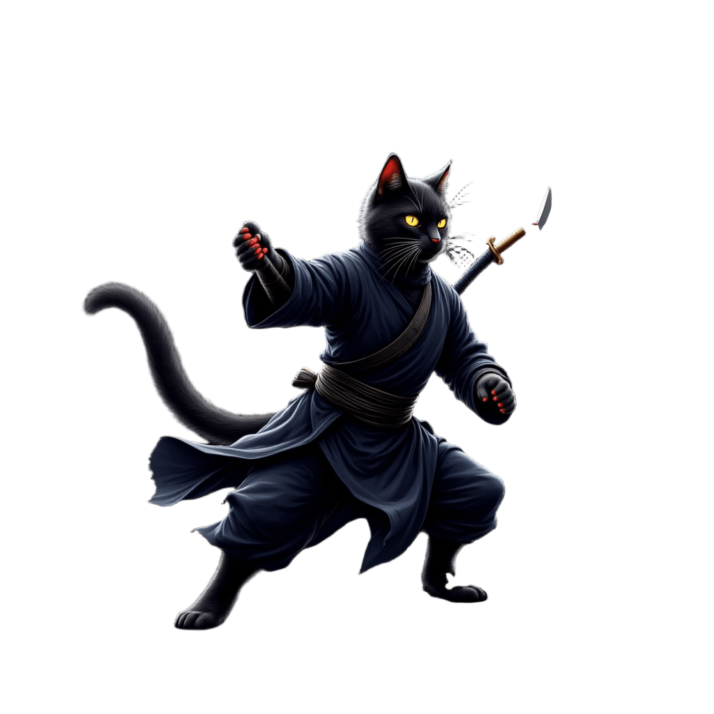 Ninja Cat Throwing Shuriken with Cherry Blossoms