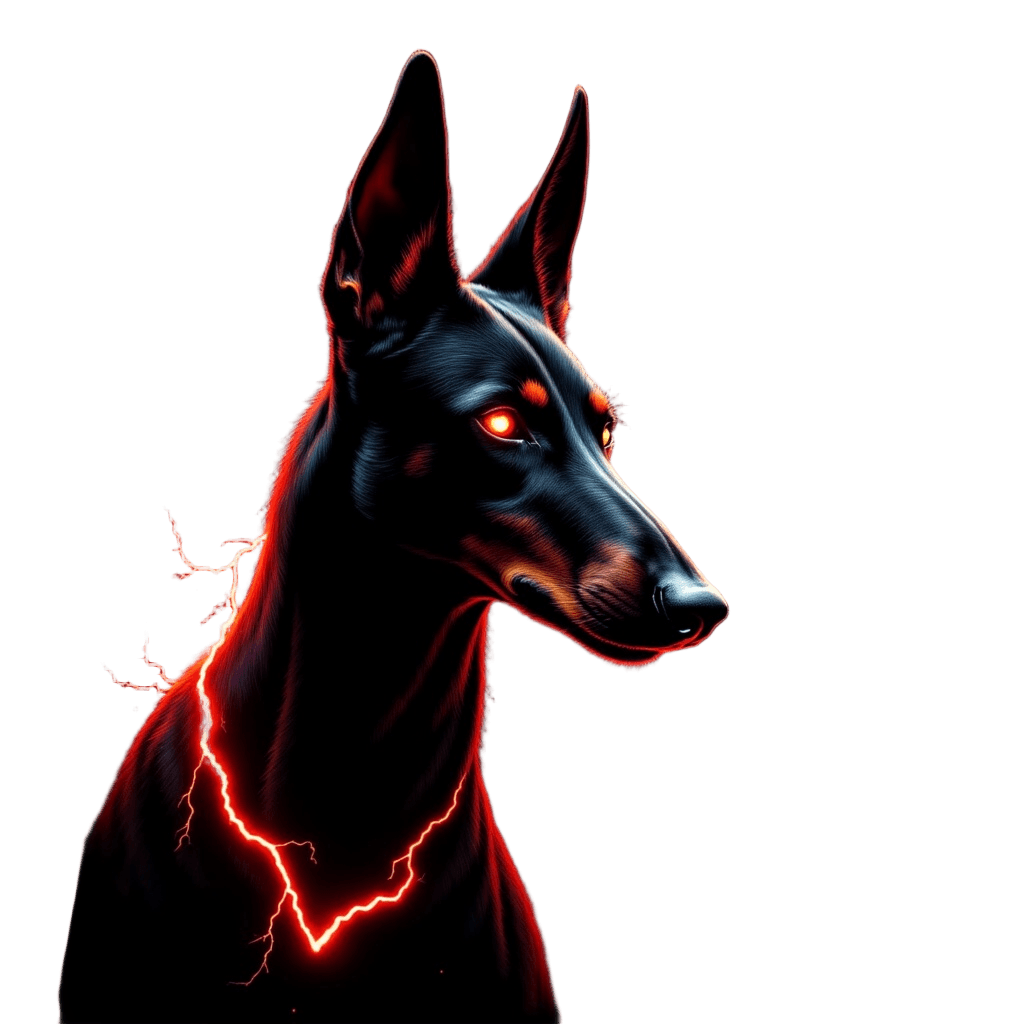 Doberman with Glowing Red Eyes and Lightning