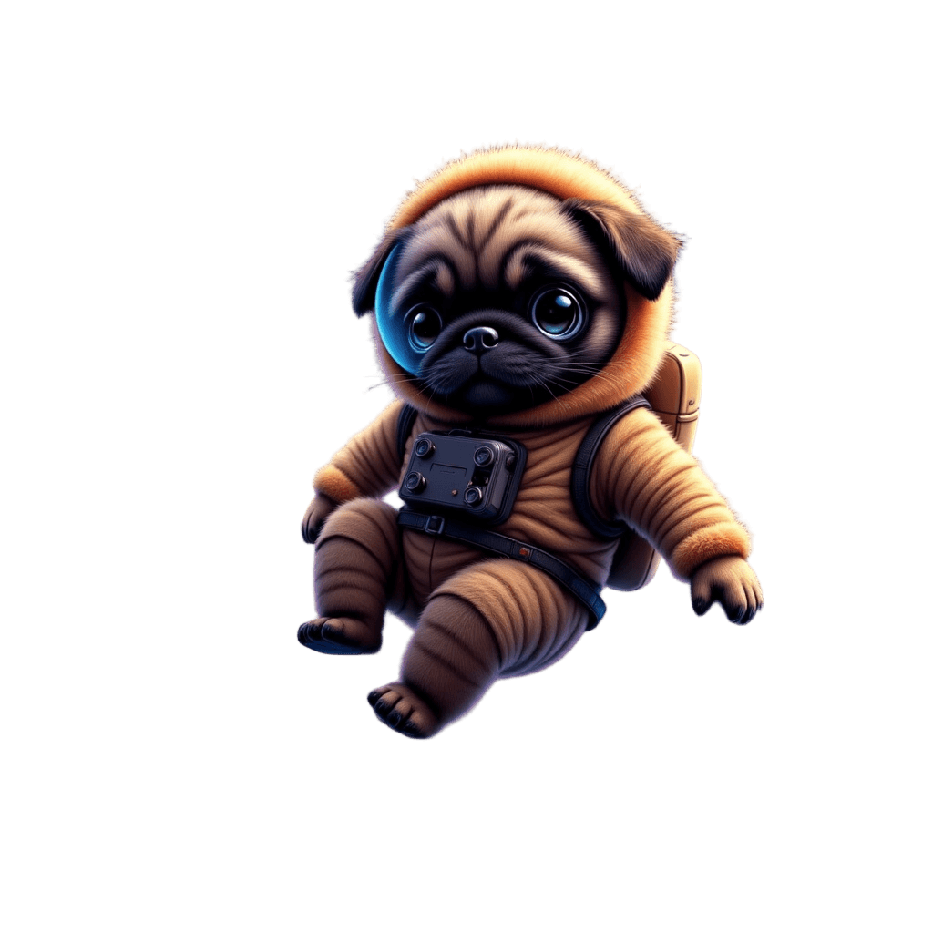 Pug Astronaut Floating in Galaxy with Donut Planet