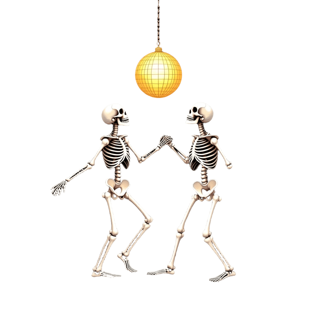 Skeleton Couple Dancing Under Disco Ball with Roses