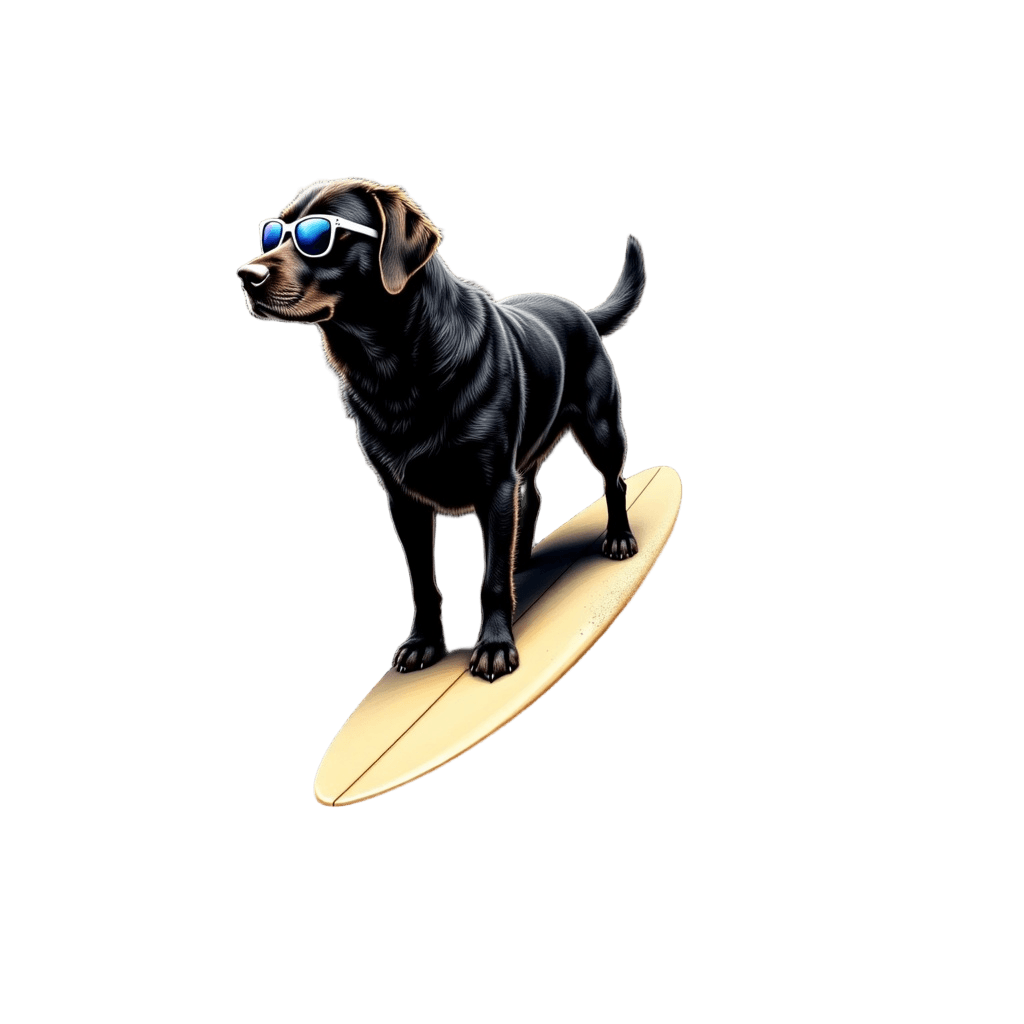 Labrador Wearing Sunglasses on Surfboard