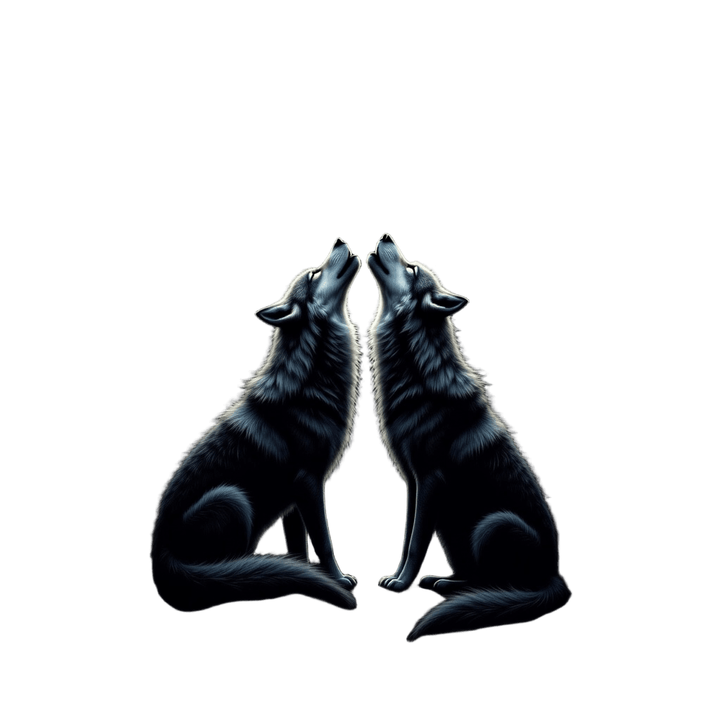 Two wolves howling at full moon, love and loyalty