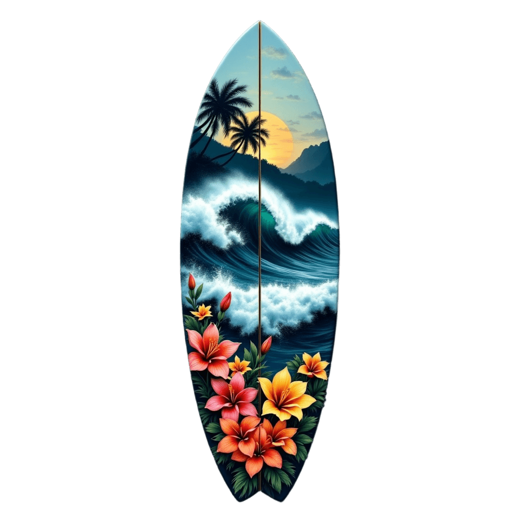Surfboard with Wave and Tropical Flowers