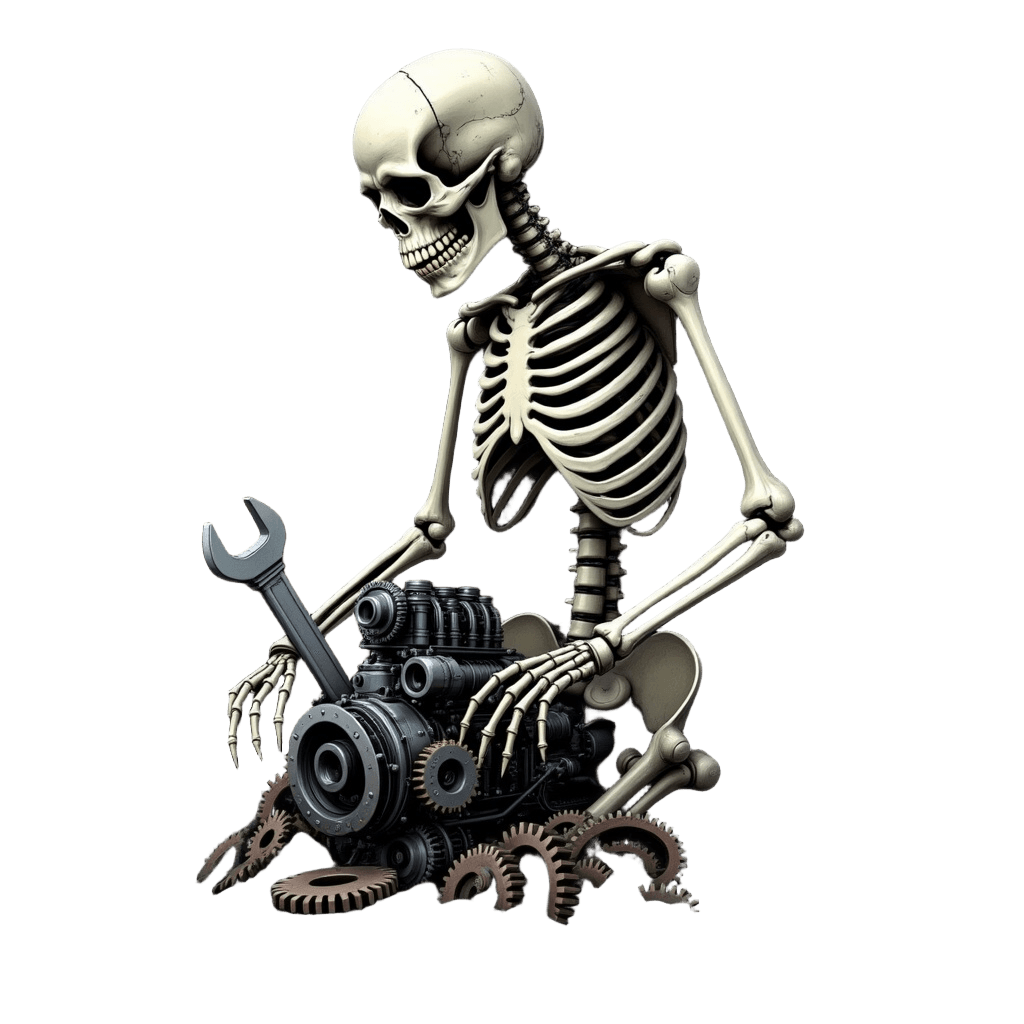 Mechanic Skeleton Working on Engine with Gears