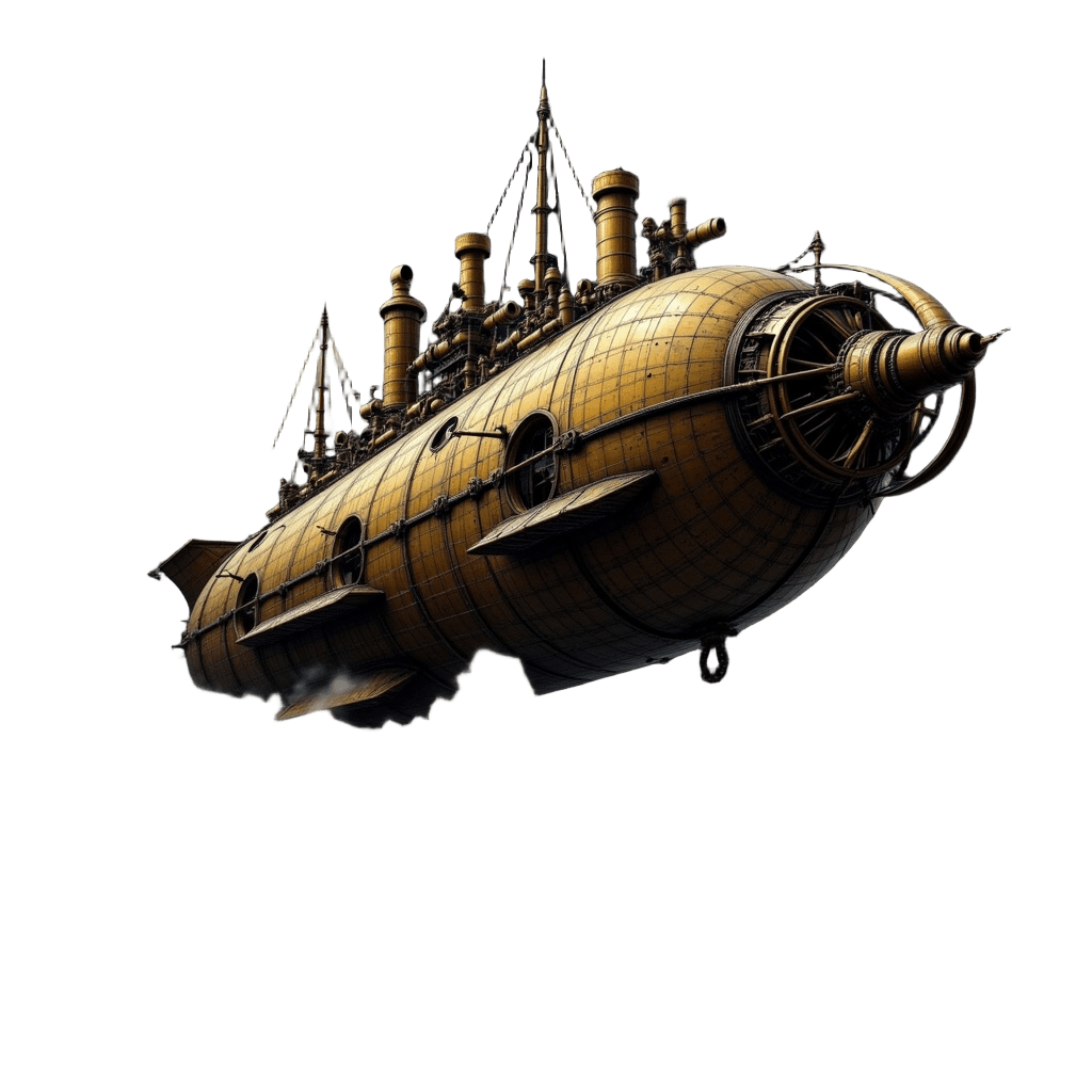 Steampunk Airship Flying Through Clouds