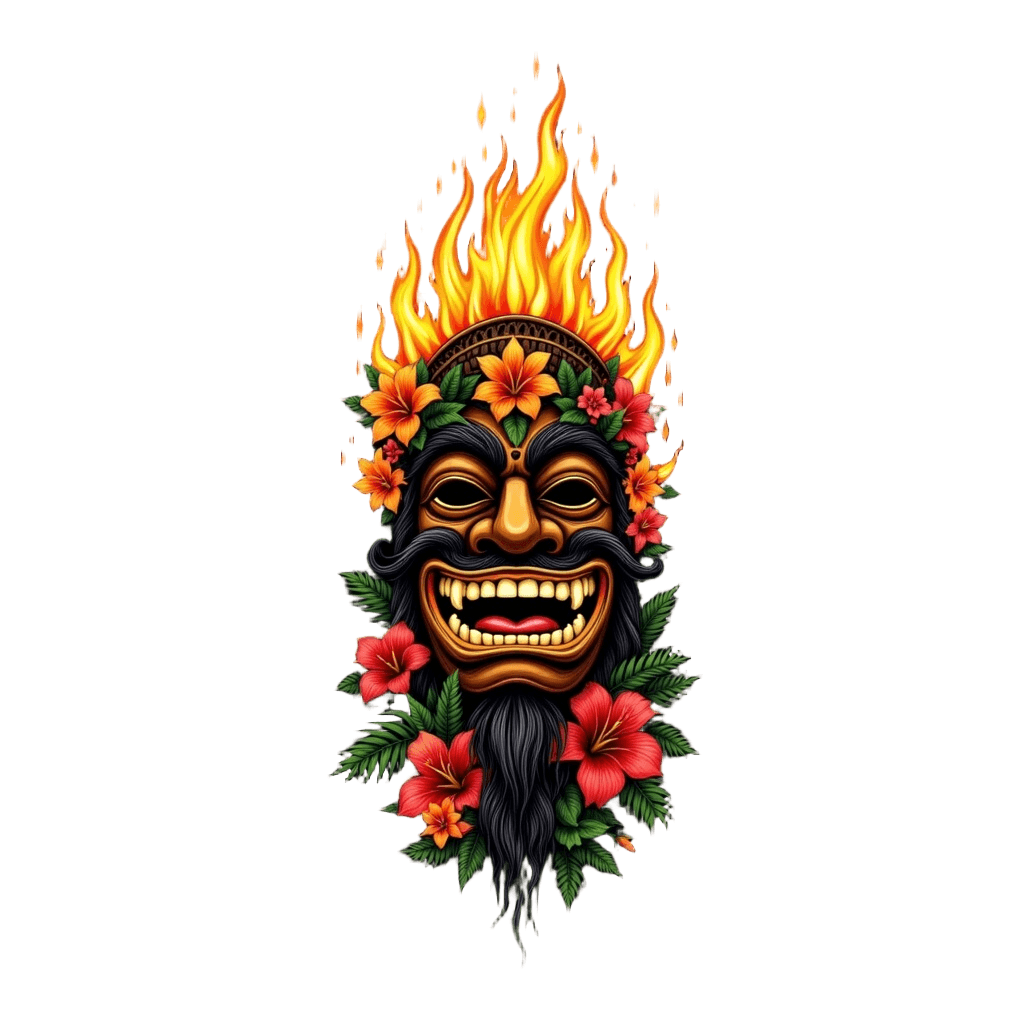 Tiki Mask with Flames and Tropical Flowers