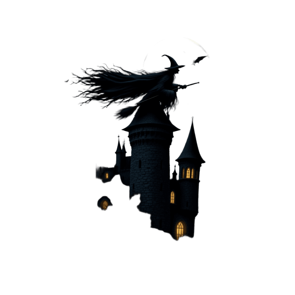 Witch Riding Broomstick Over Haunted Castle