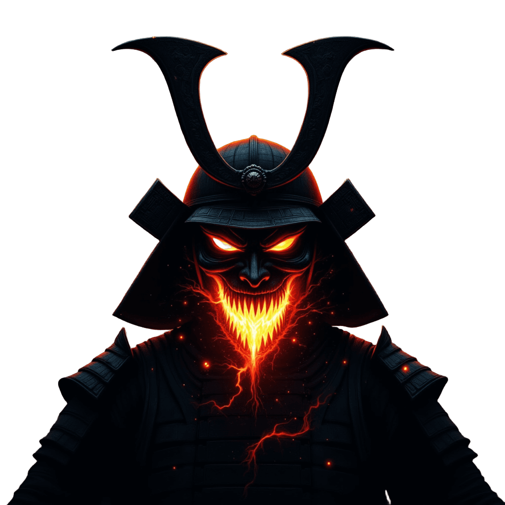 Demon Samurai Mask Cracking Open Revealing Fire