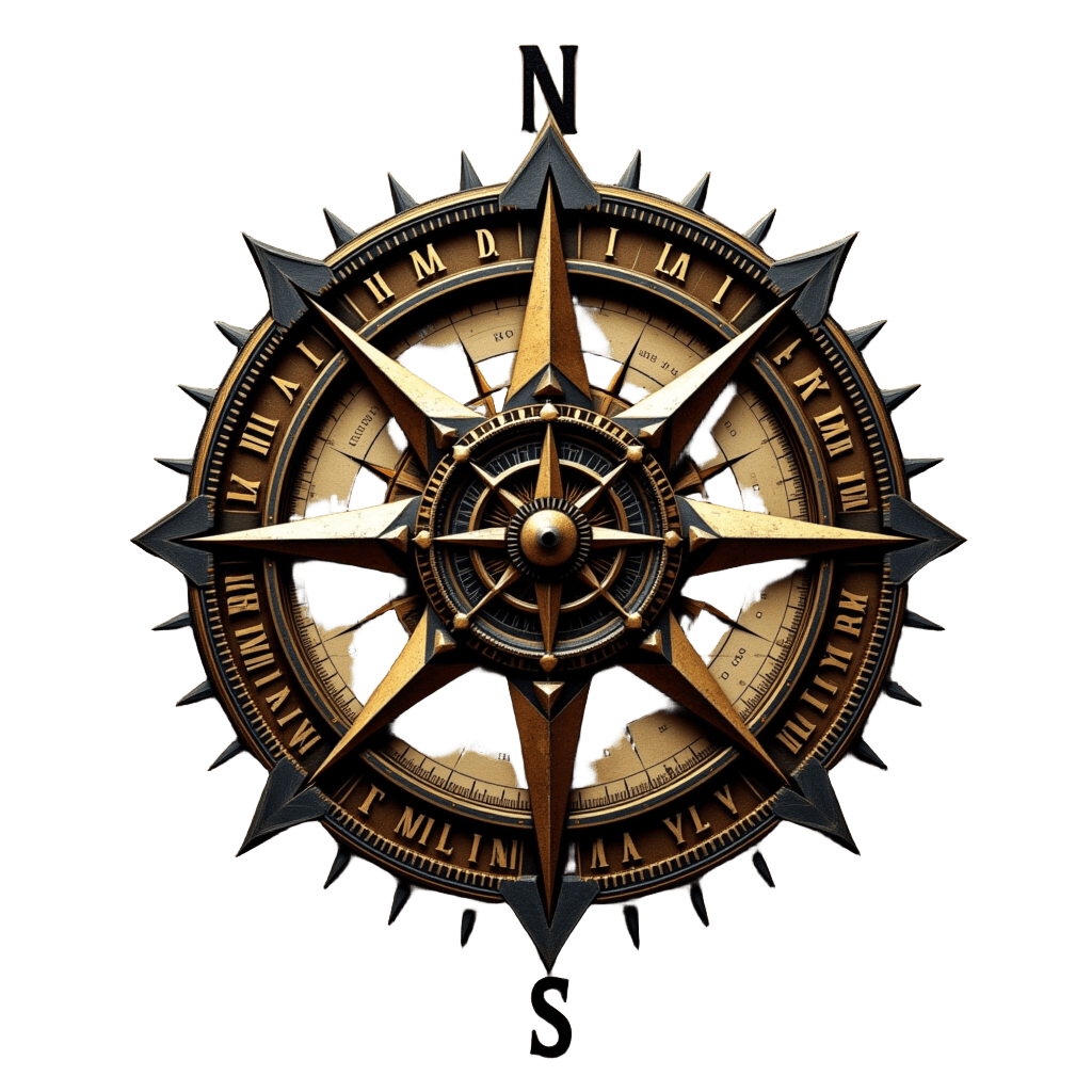 Mechanical Compass Rose Overlaid on Vintage World Map