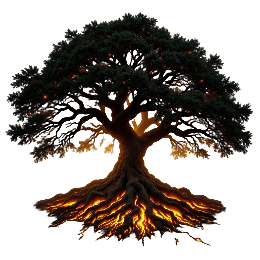 Ancient Oak Tree with Roots Glowing Golden Energy