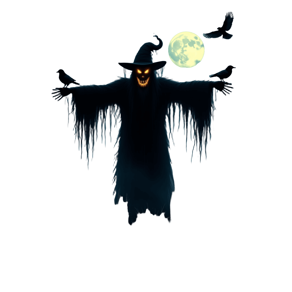Haunted Scarecrow in Moonlit Cornfield with Crows