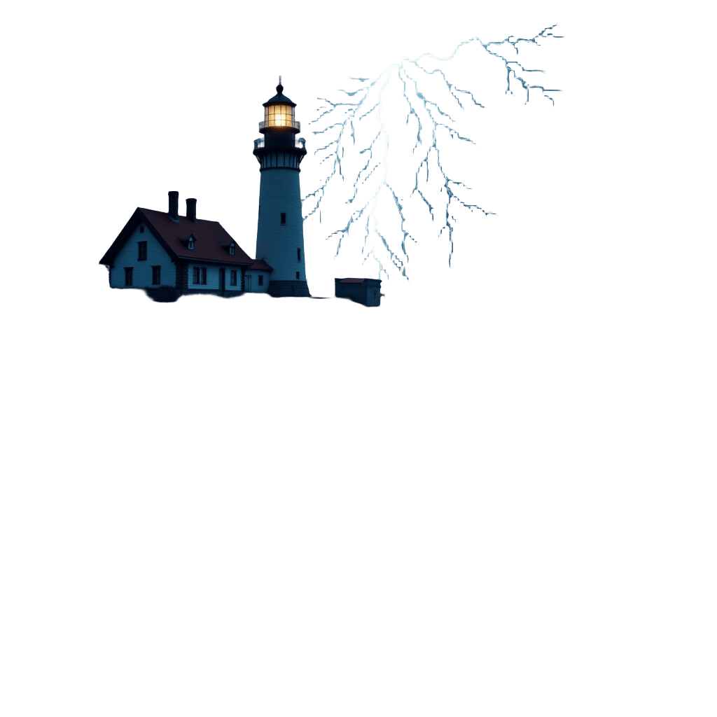 Old lighthouse on rocky cliff during dramatic ocean storm