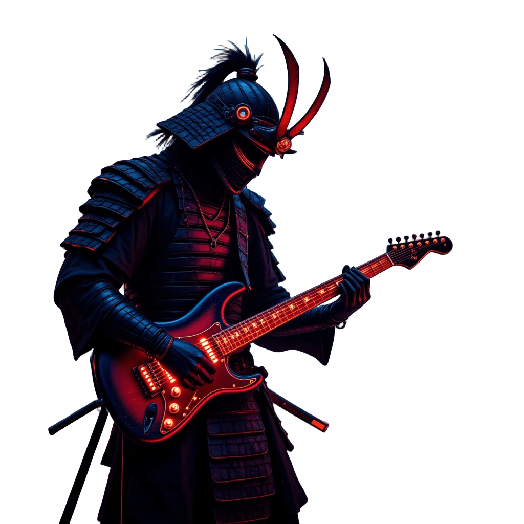 Samurai Playing Electric Guitar in Neon Rain