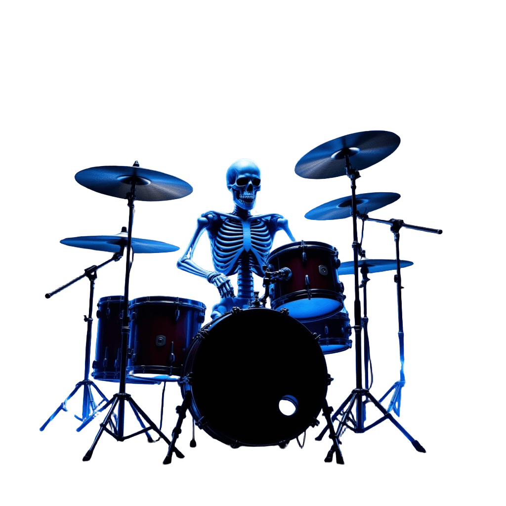 Skeleton Drummer with Massive Drum Kit in Blue Flames