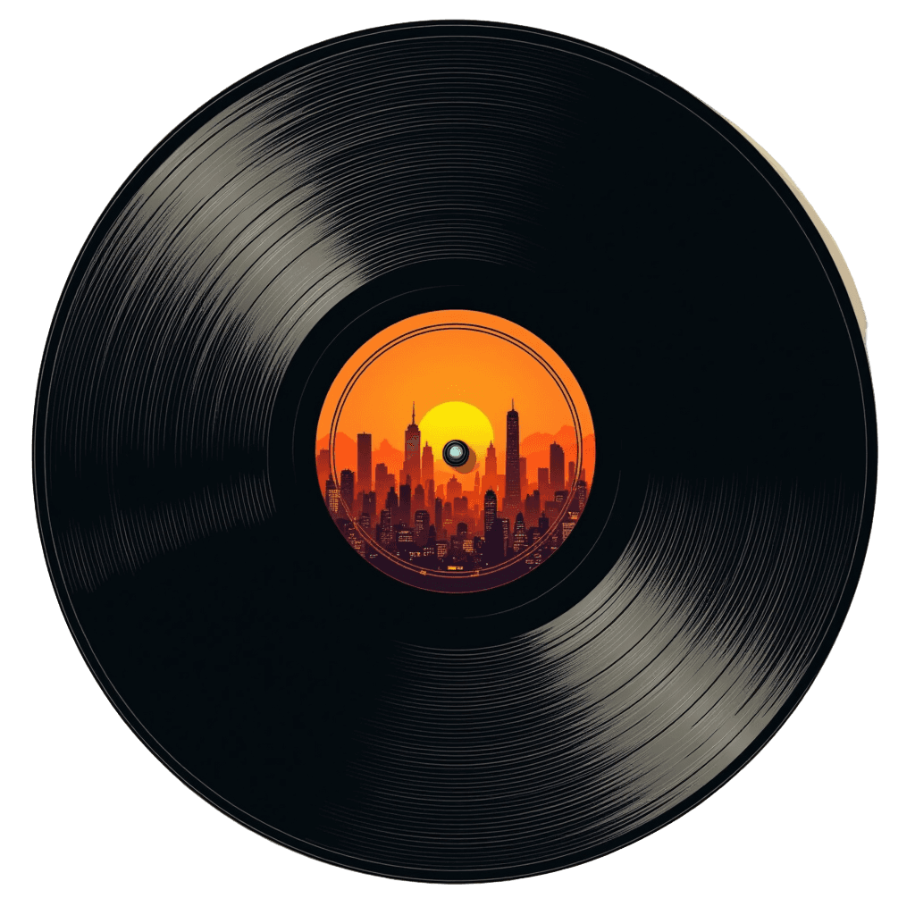 Vintage Vinyl Record with City Skyline Emerging From Grooves
