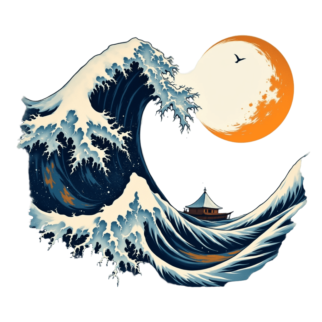 Minimalist Wave and Moon in Japanese Brush Stroke Style
