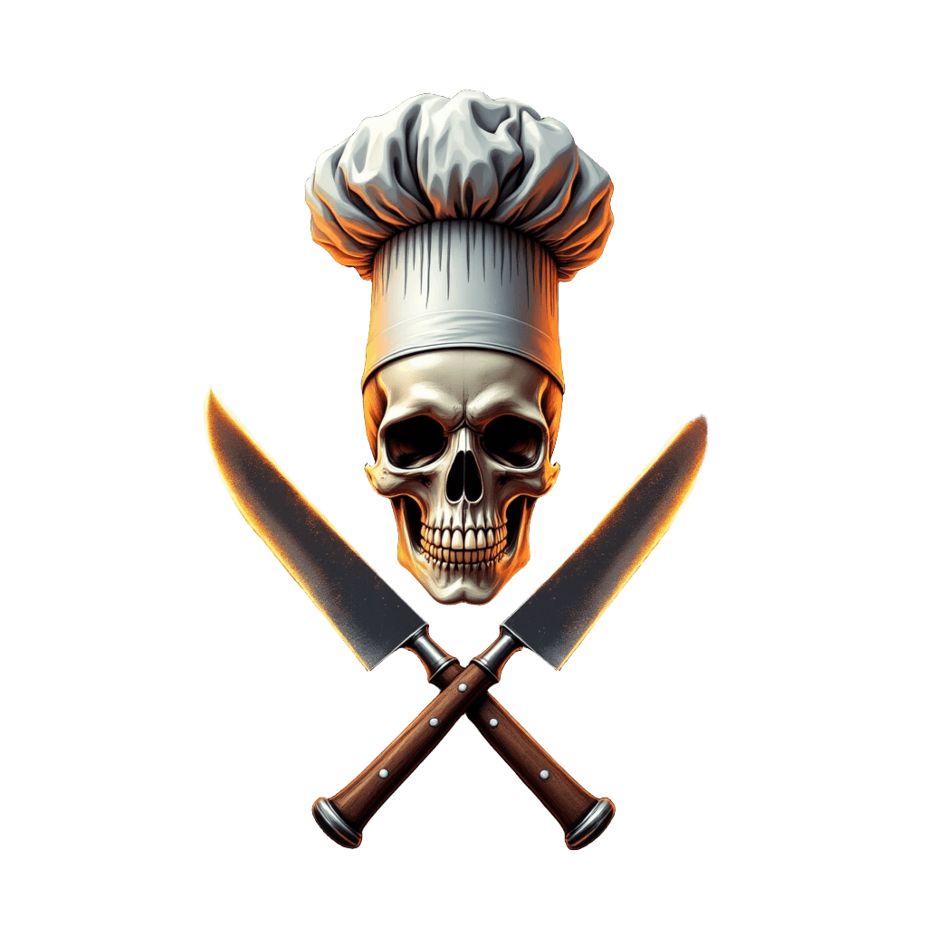 Chef Skull with Flaming Knives and Chef Hat