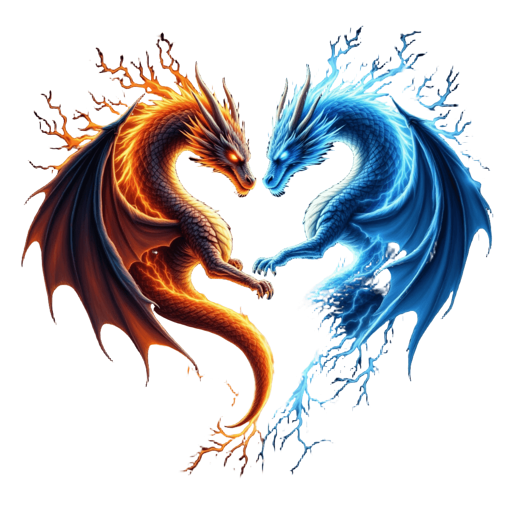 Two Dragons Forming Heart with Fire and Ice