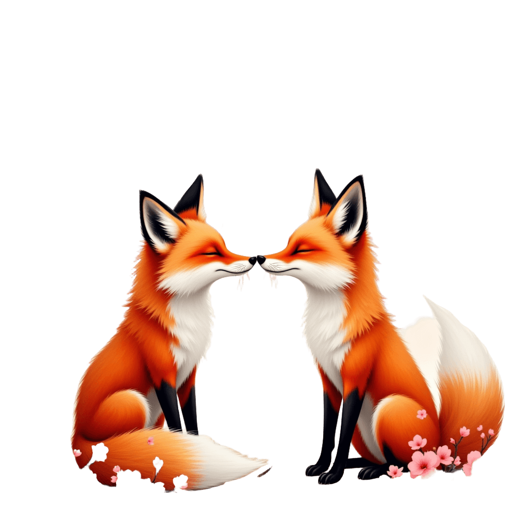 Two Foxes Touching Noses Under Cherry Blossom