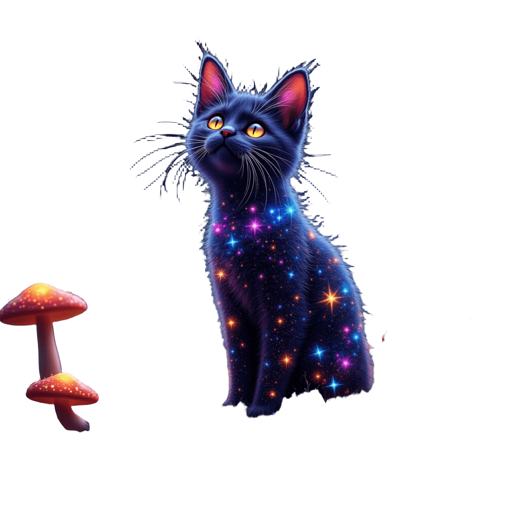 Galaxy Cat in Field of Giant Mushrooms