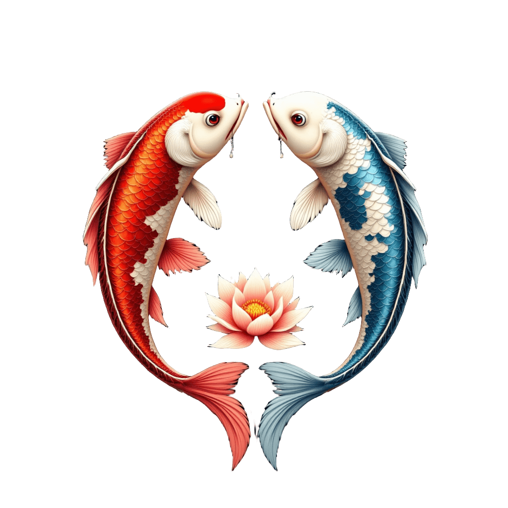 Two Koi Fish in Heart Yin Yang with Lotus