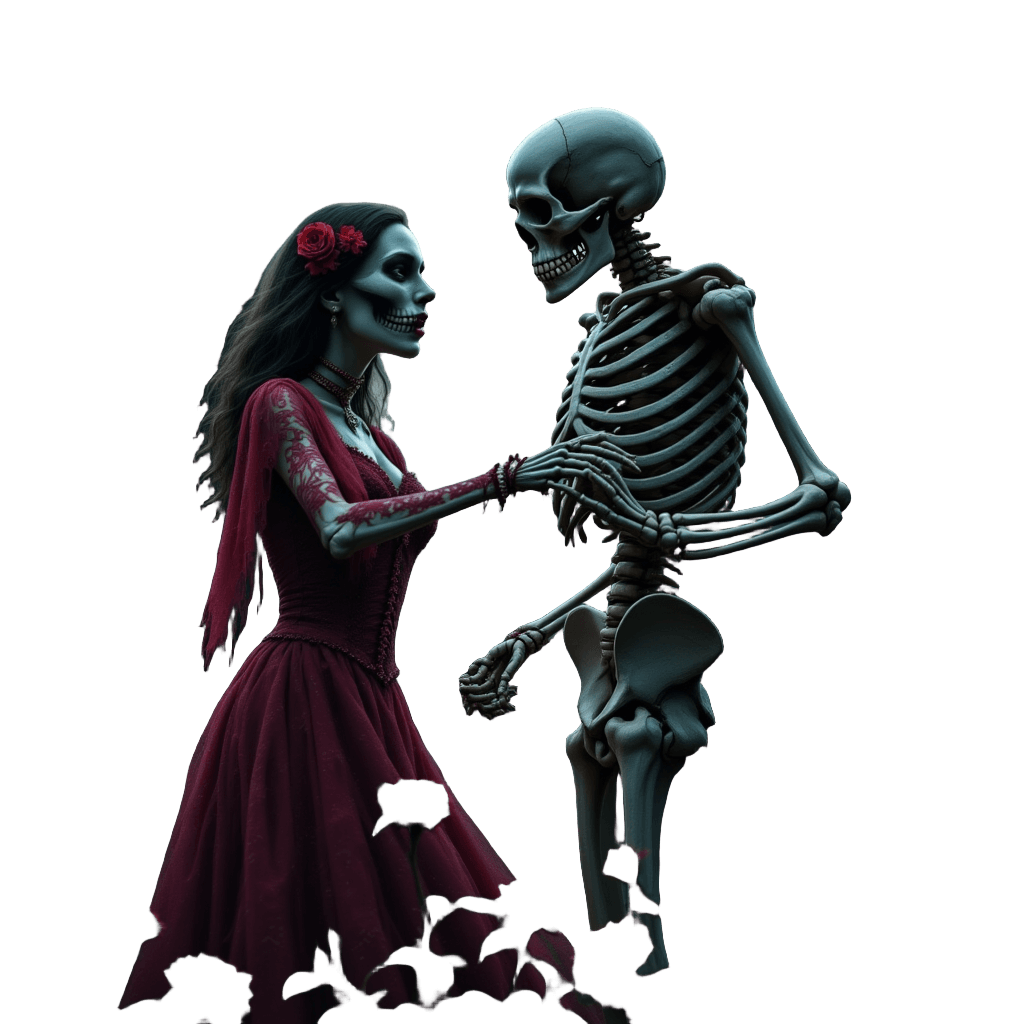 Skeleton Couple Dancing in Moonlit Cemetery