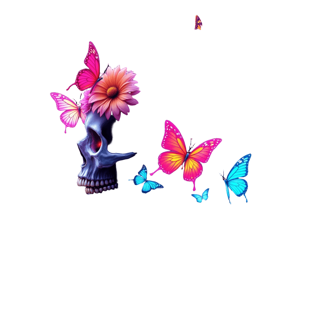 Neon Skull Dissolving Into Butterflies and Flowers