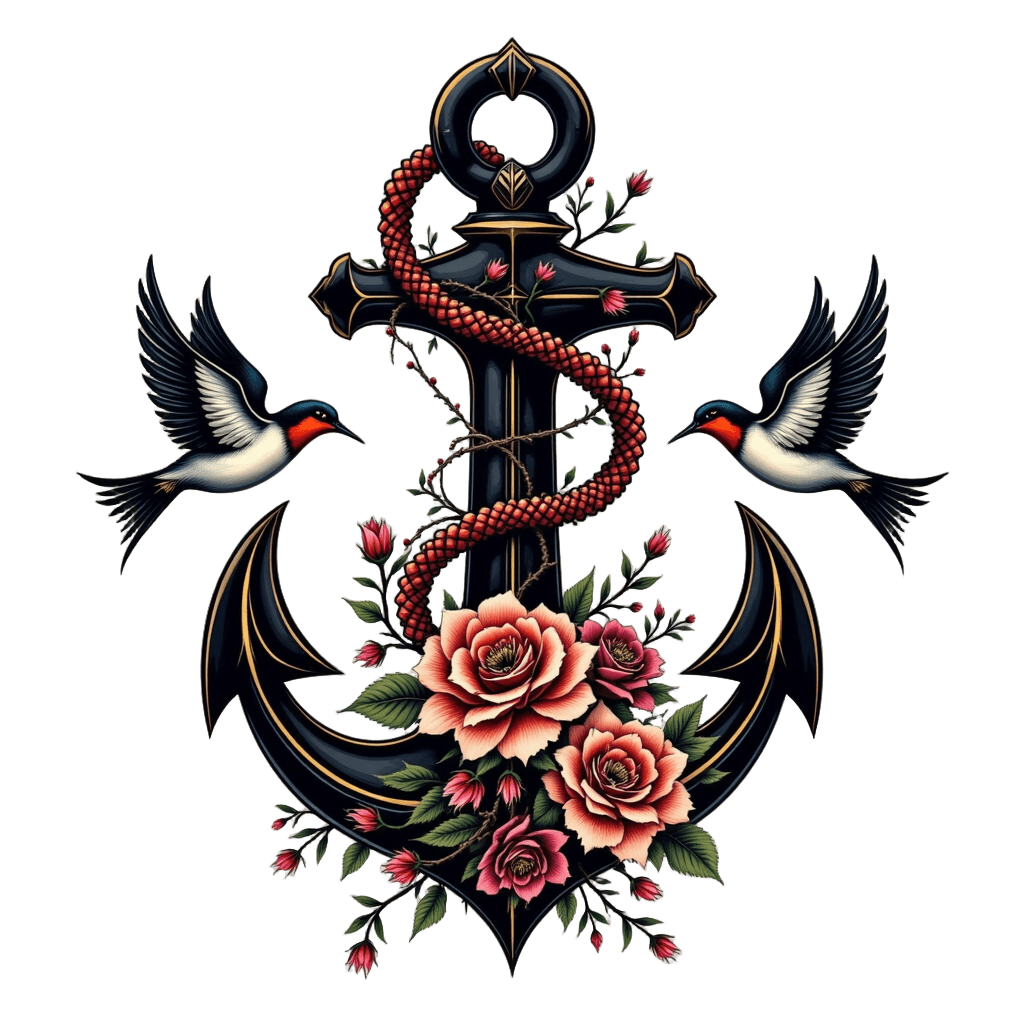 Traditional Tattoo Anchor with Roses and Swallows