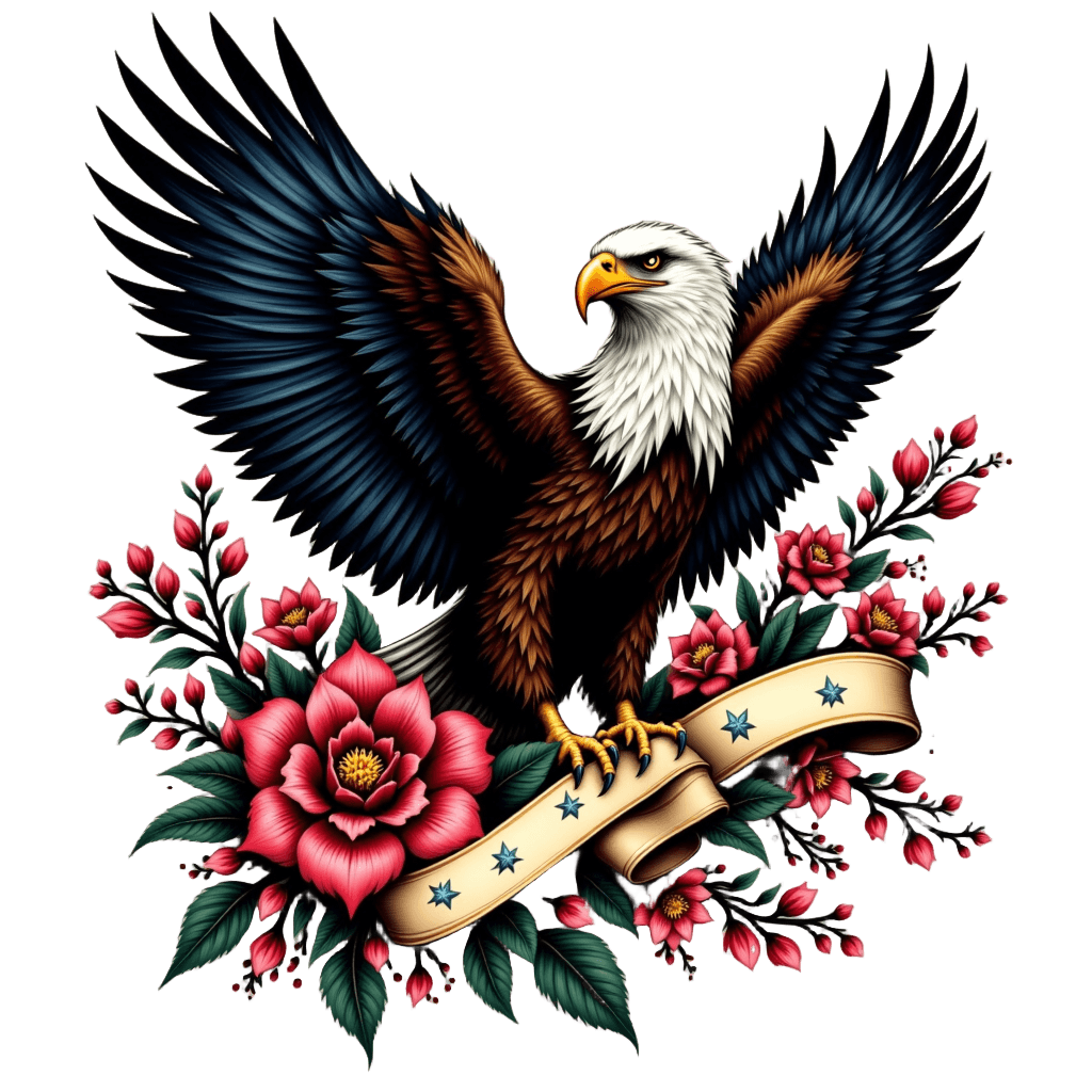 Traditional Tattoo Eagle with Banner and Flowers