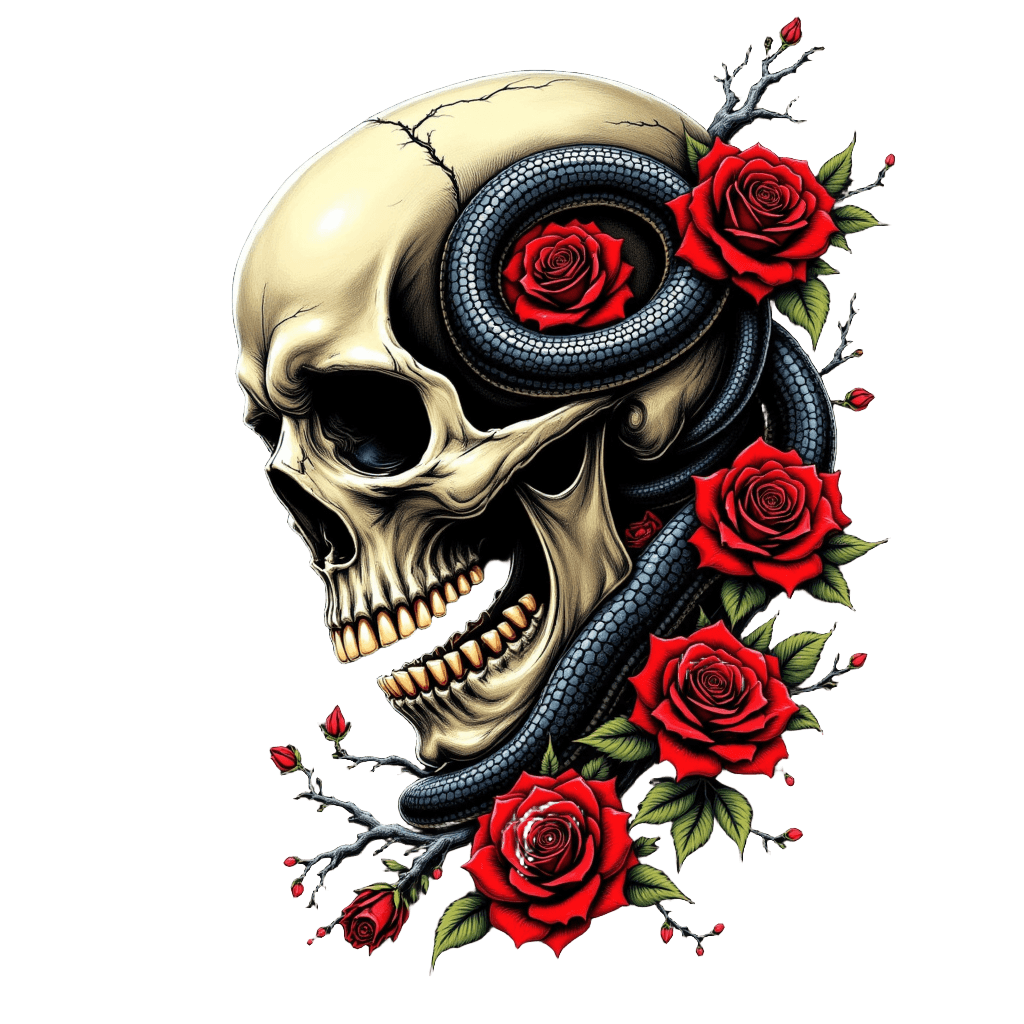 Old School Tattoo Skull with Snake and Roses