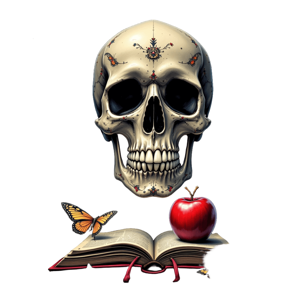 Teacher Skull with Apple and Book Stack