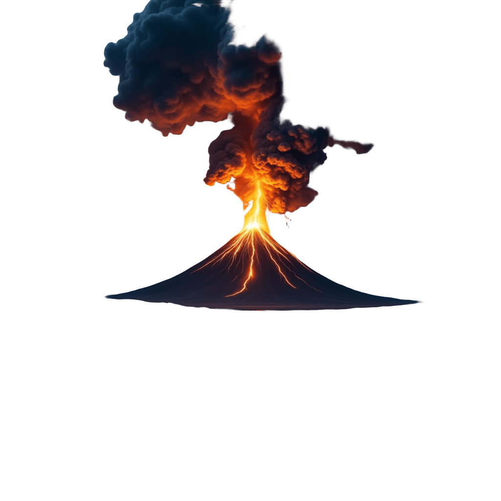 Erupting Volcano with Lightning Reflected in Lake