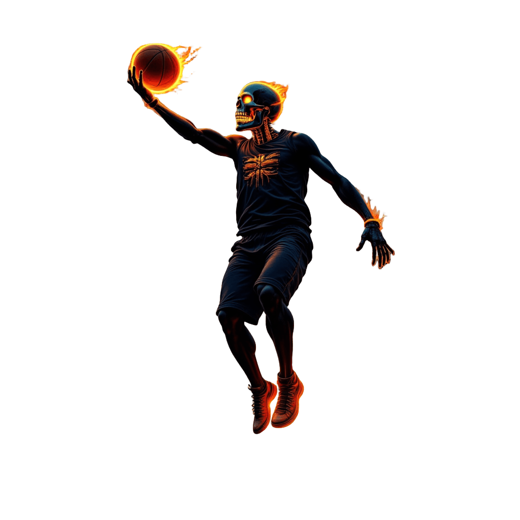 Basketball Skull Dunking with Fire Through City
