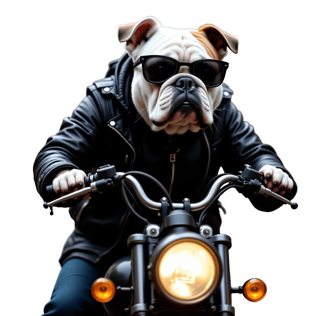 Bulldog in Leather Jacket on Motorcycle