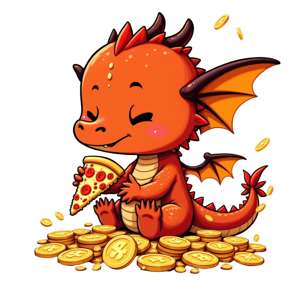 Cute Chibi Dragon Eating Pizza on Gold Coins