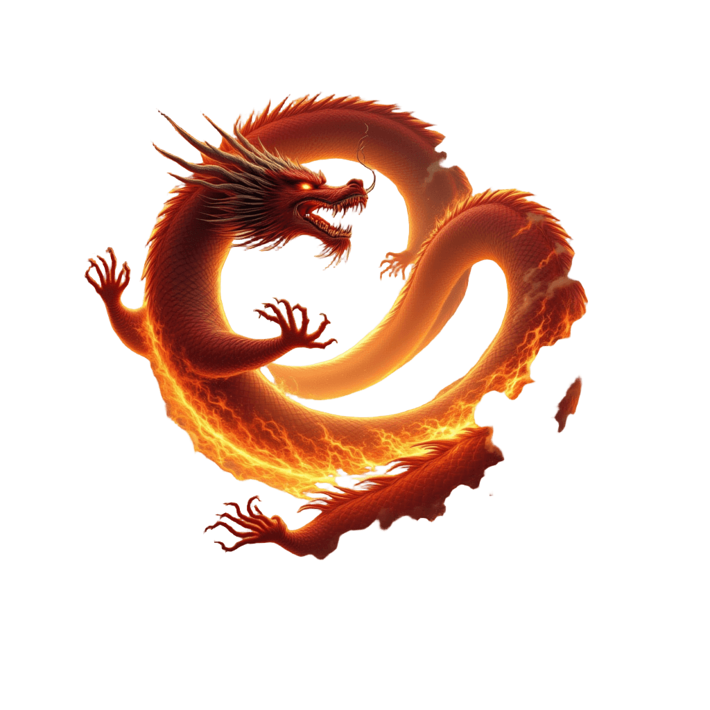 Chinese Dragon Circling Flaming Pearl in Clouds