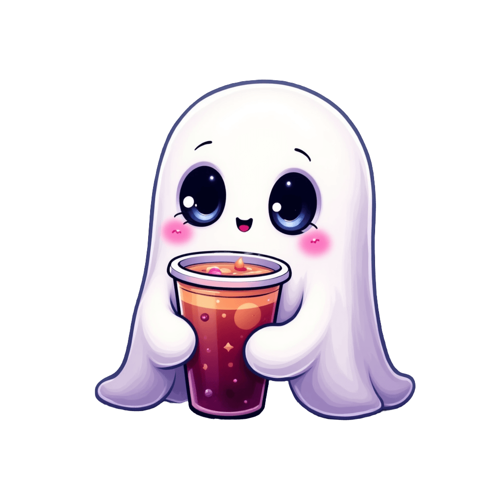 Cute Ghost Holding Boba Tea with Sparkly Eyes