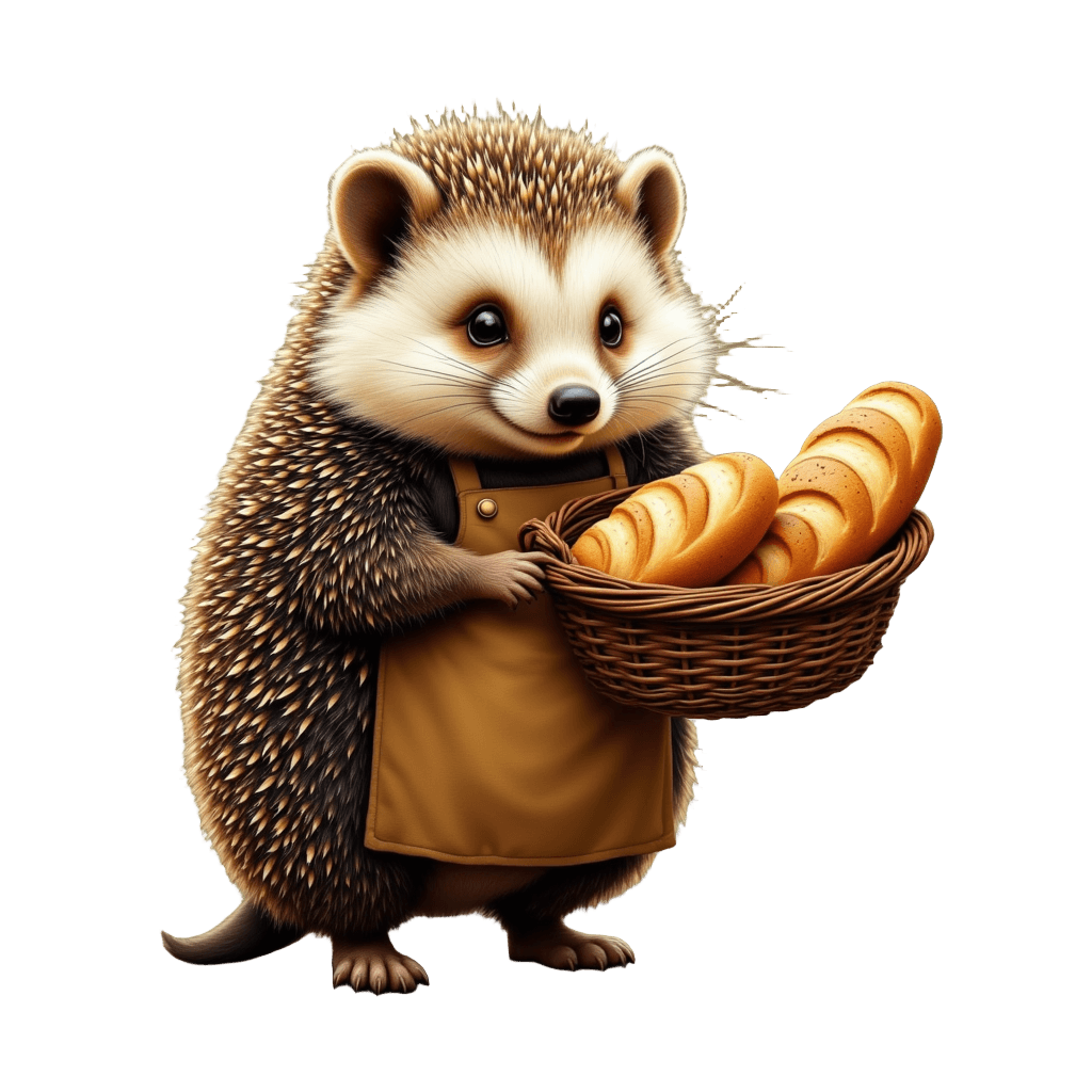 Hedgehog Baker Carrying Basket of Fresh Bread