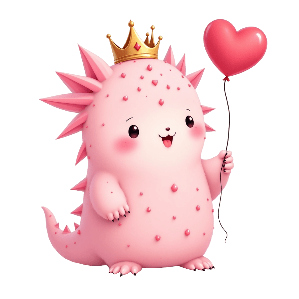 Kawaii Axolotl with Tiny Crown and Heart Balloon