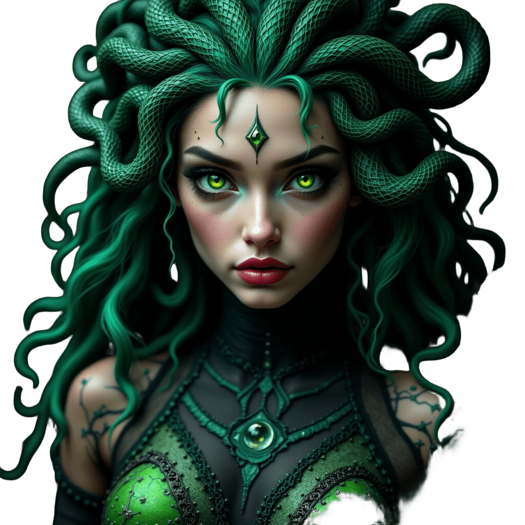 Medusa with Living Snake Hair and Green Eyes