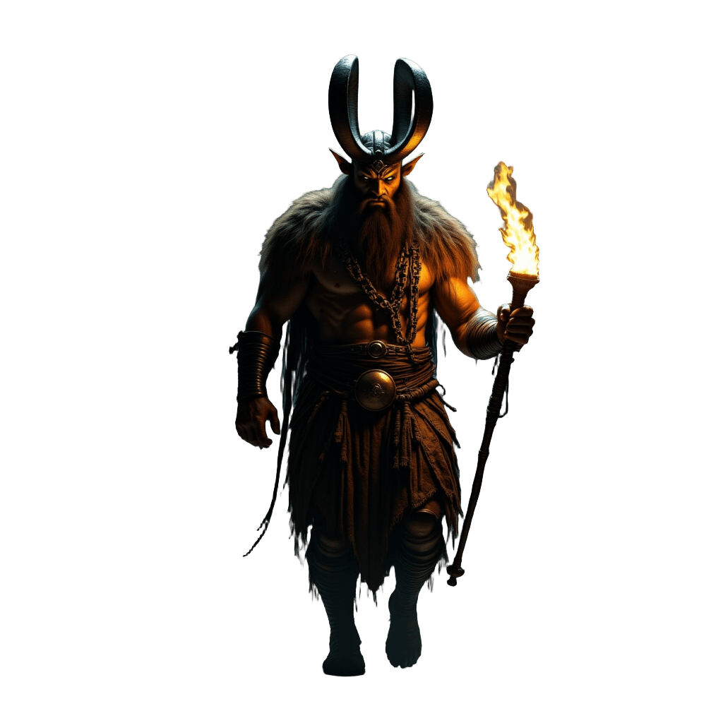 Minotaur in Ancient Labyrinth with Torch Light