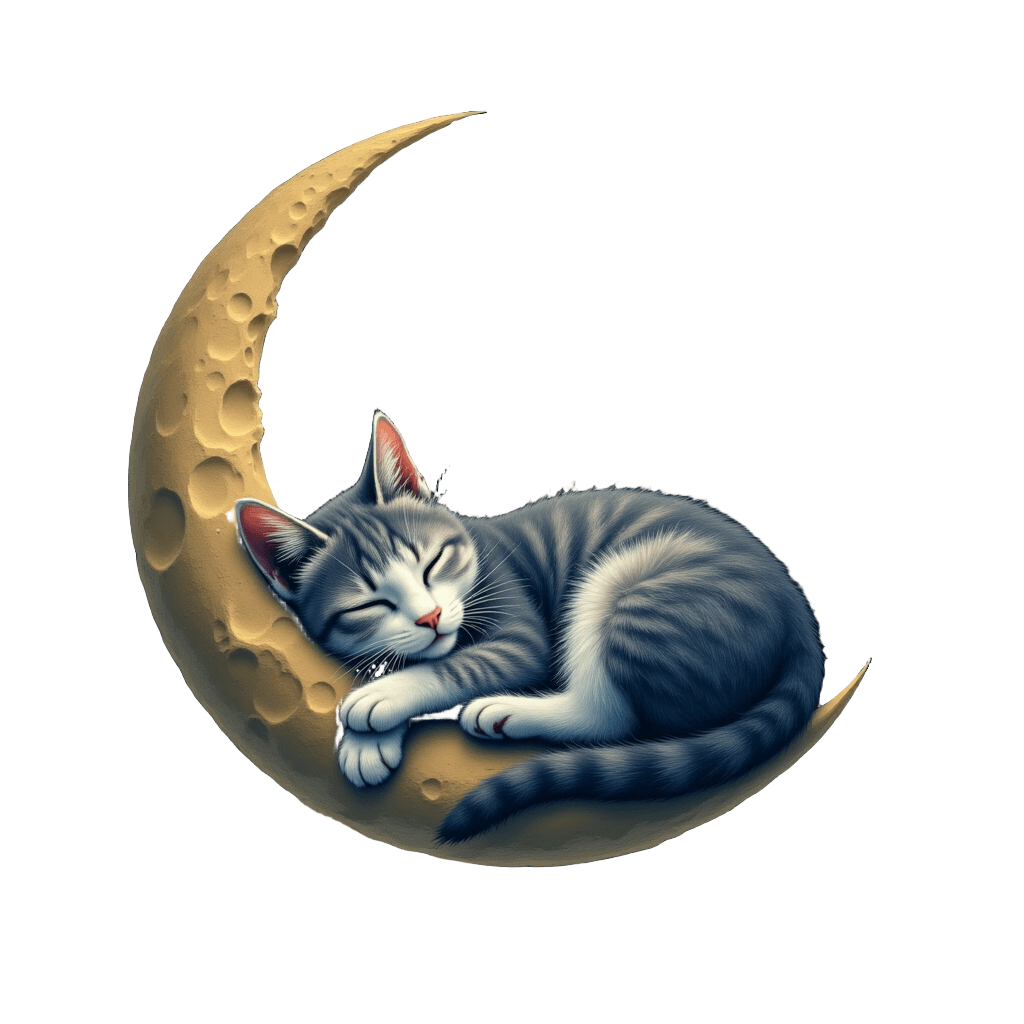 Cat Curled Up Sleeping on Crescent Moon
