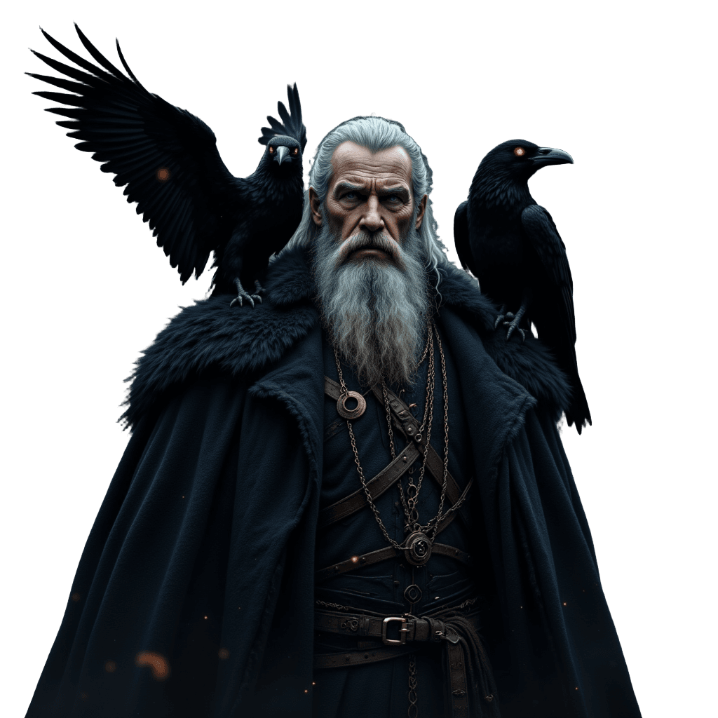 Norse God Odin with Ravens Huginn and Muninn