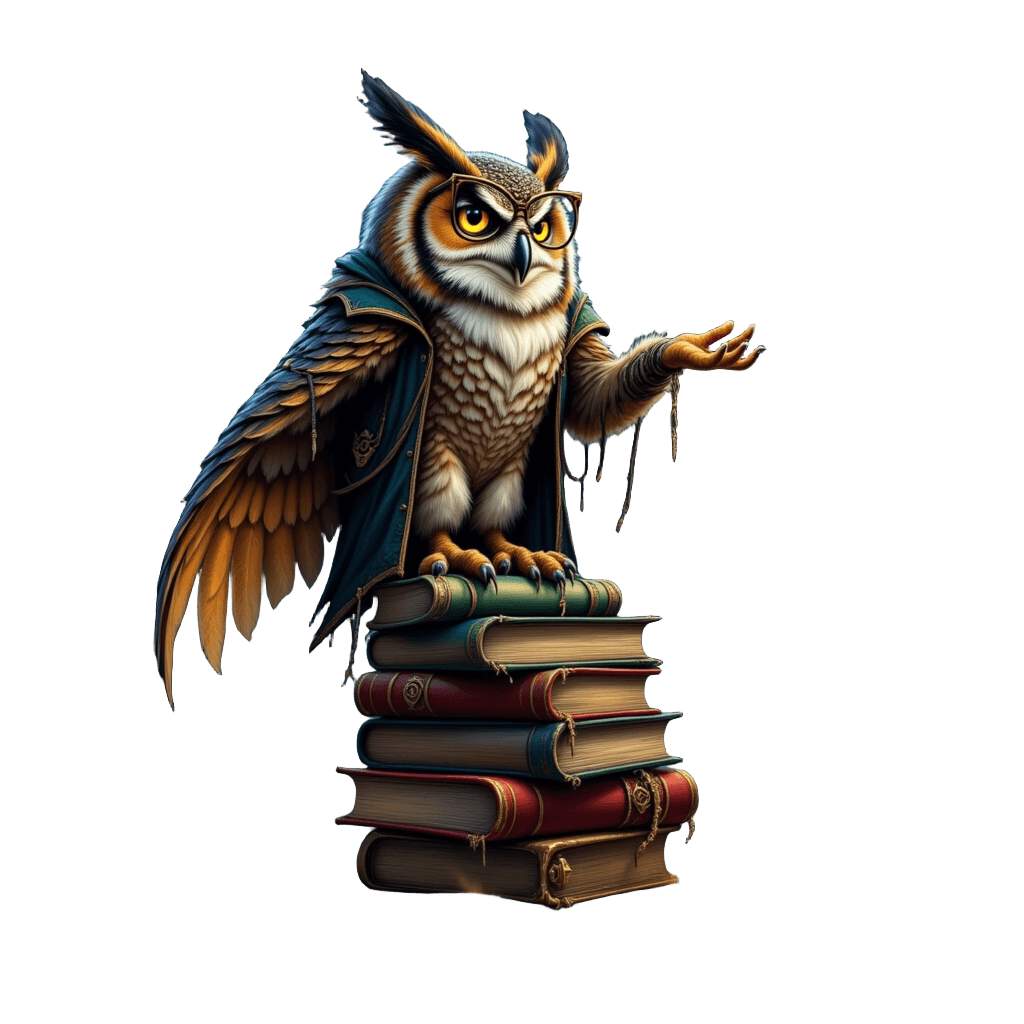 Owl Librarian Surrounded by Floating Magical Books